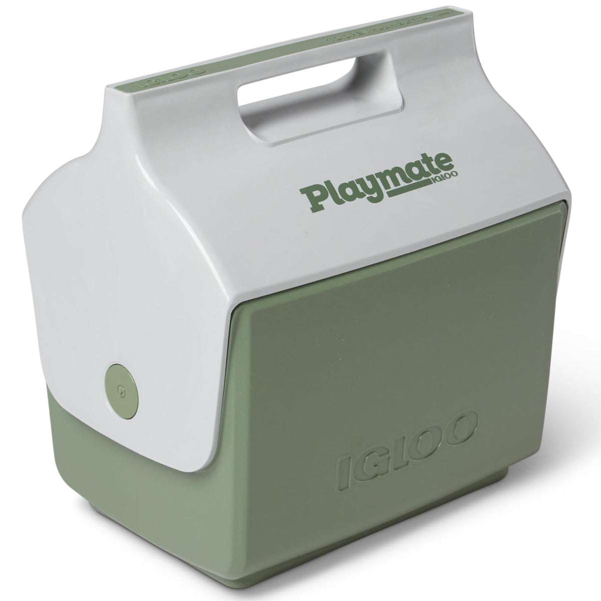 Igloo ECOCOOL Little Playmate Cooler in green and white, sustainable design for outdoor adventures, 7-quart capacity.