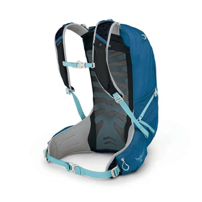 Back view of Osprey Talon Earth 22 Men's Hiking Daypack in blue, featuring ergonomic design and sustainable materials for trail adventures.