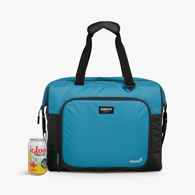 Blue Igloo Latitude Snapdown 36-Can Cooler Bag - 24L with black handles, next to a canned beverage.