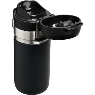 Stanley Go Quick Flip Water Bottle - 16 oz / 470 ml black travel cup, durable and convenient for hydration, shown with cap open.