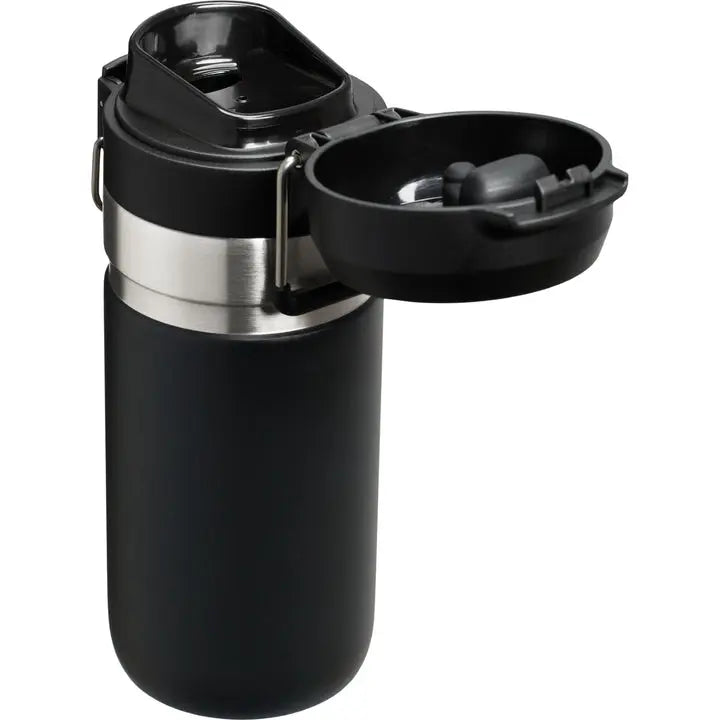 Stanley Go Quick Flip Water Bottle - 16 oz / 470 ml black travel cup, durable and convenient for hydration, shown with cap open.