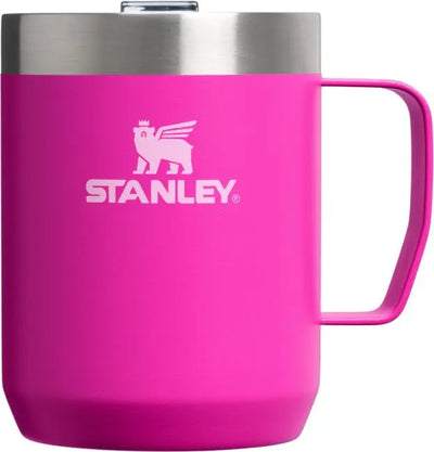 Stanley Classic Legendary Camp Mug in pink, 8 oz, durable stainless steel with lid, ideal for camping and travel.