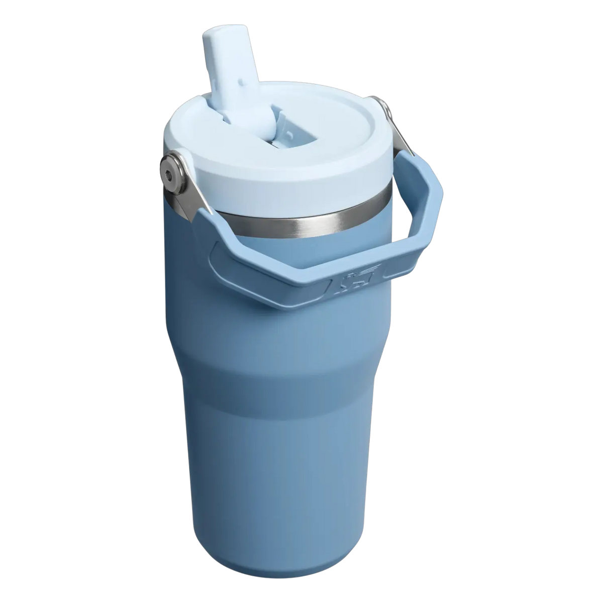 Stanley IceFlow Flip Straw Tumbler 20oz in blue with flip straw and handle for easy carrying.