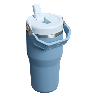 Stanley IceFlow Flip Straw Tumbler 20oz in blue with flip straw and handle for easy carrying.