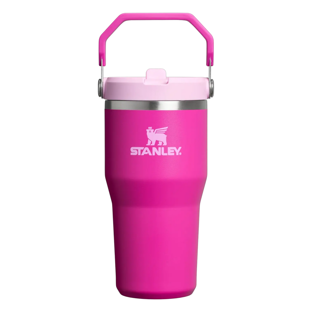 Stanley IceFlow Flip Straw Tumbler 20 oz in pink, insulated for cold drinks, features convenient flip straw and handle.