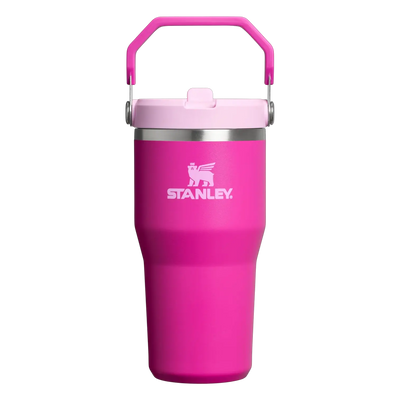 Stanley IceFlow Flip Straw Tumbler 20 oz in pink, insulated for cold drinks, features convenient flip straw and handle.