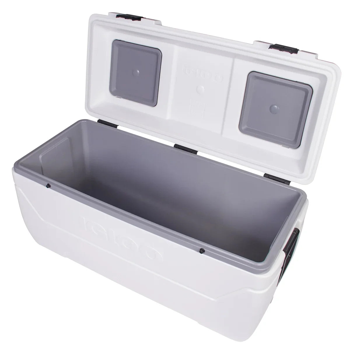 Open Igloo Maxcold Cool Box Large Ice Chest, 165Qt, showcasing spacious interior for maximum ice retention and storage.