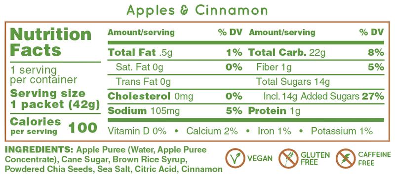 Nutrition facts label for Huma Chia Energy Gel - Apple and Cinnamon flavor, showing ingredients and dietary information.