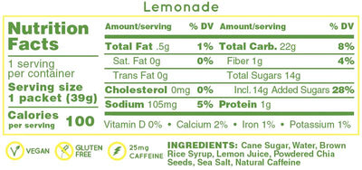 Huma Chia Energy Gel - Lemonade nutrition facts and ingredients label.