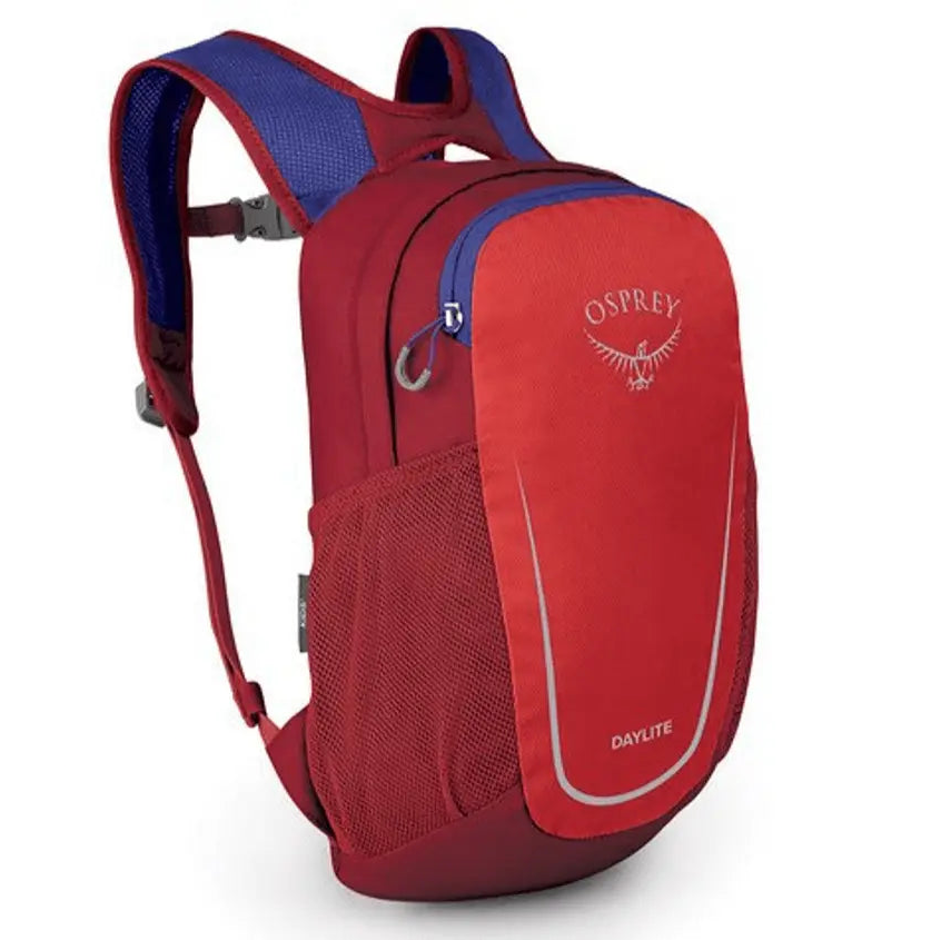 Osprey Daylite Jr. - Kids backpack, red with mesh pockets, for children, featuring ventilation, hydration sleeve, and whistle.