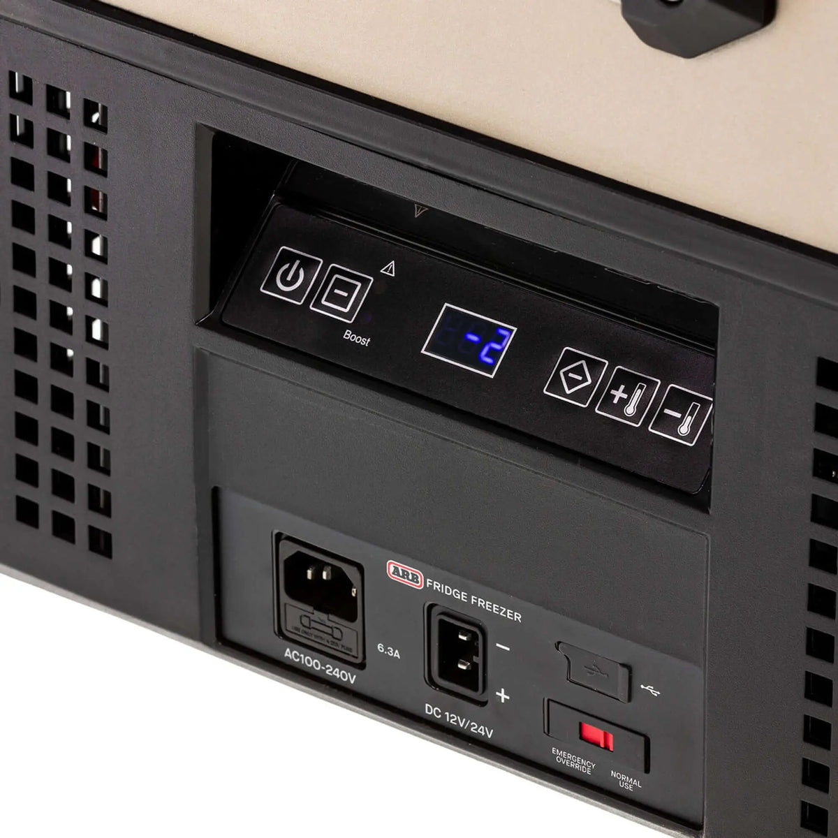 Control panel of ARB Zero Portable Fridge Freezer Single Zone - 36L with digital display and power inputs