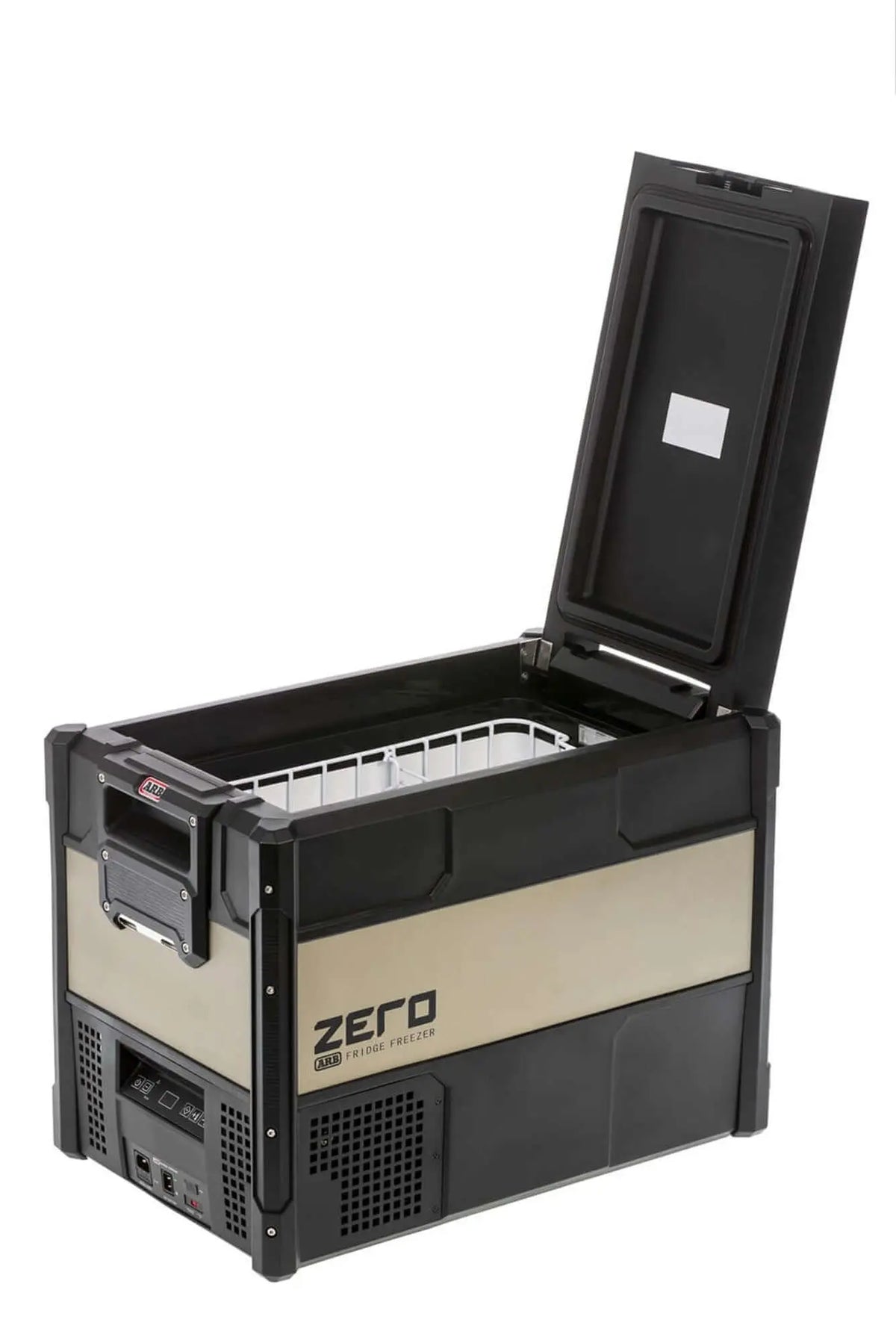ARB Zero Portable Fridge Freezer Single Zone - 44L with lid open, showcasing interior compartments for efficient cooling.