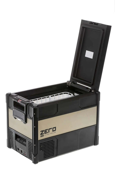 ARB Zero Portable Fridge Freezer Single Zone - 44L with lid open, showcasing interior compartments for efficient cooling.