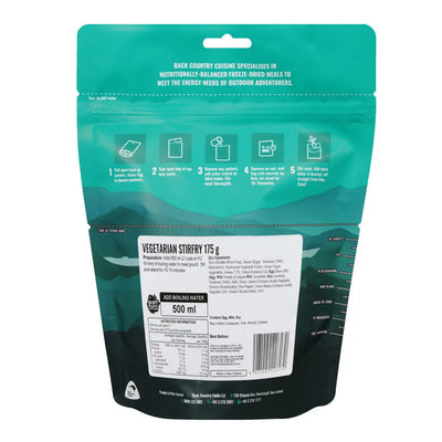Back Country Cuisine Vegetarian Stir Fry packaging, freeze-dried meal pouch for outdoor adventures