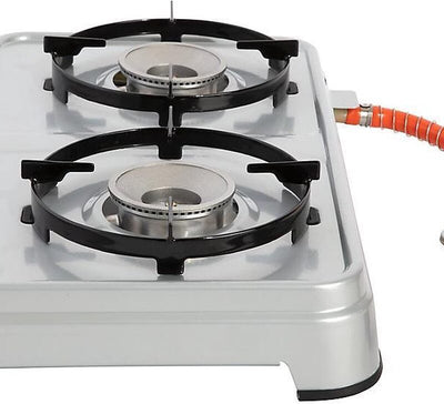Campingaz Camping Cook CV portable stove with dual burners for outdoor cooking.