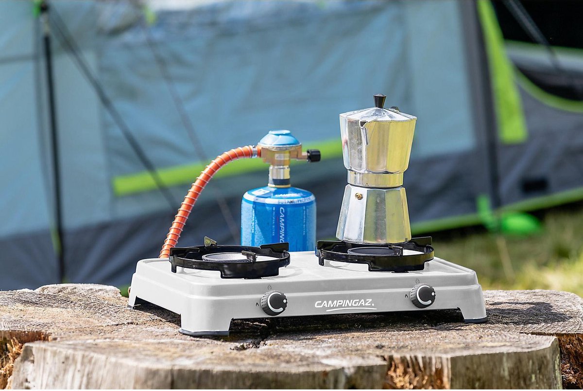 Campingaz Camping Cook CV portable stove in use outdoors with a coffee pot and gas cylinder
