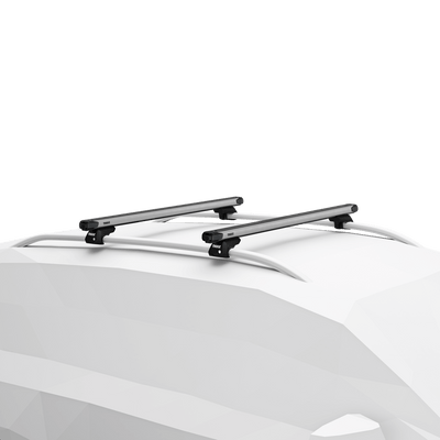 Thule SlideBar 144 cm roof bar 2-pack in black with innovative two-way sliding functionality for easier loading on vehicles.