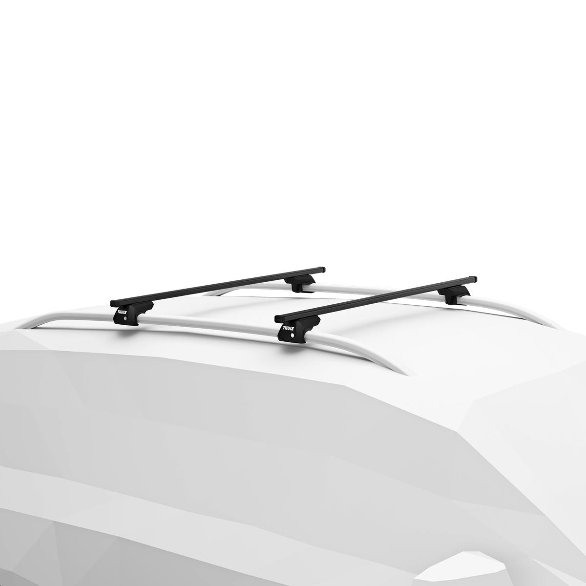Thule SquareBar Evo classic roof rack system with black polymer-coated steel bars for secure cargo support on a car roof, compatible with accessories.