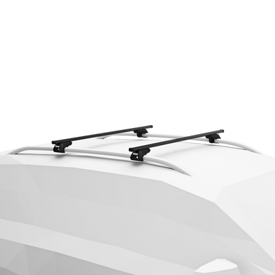 Thule SquareBar Evo classic roof rack system with black polymer-coated steel bars for secure cargo support on a car roof, compatible with accessories.