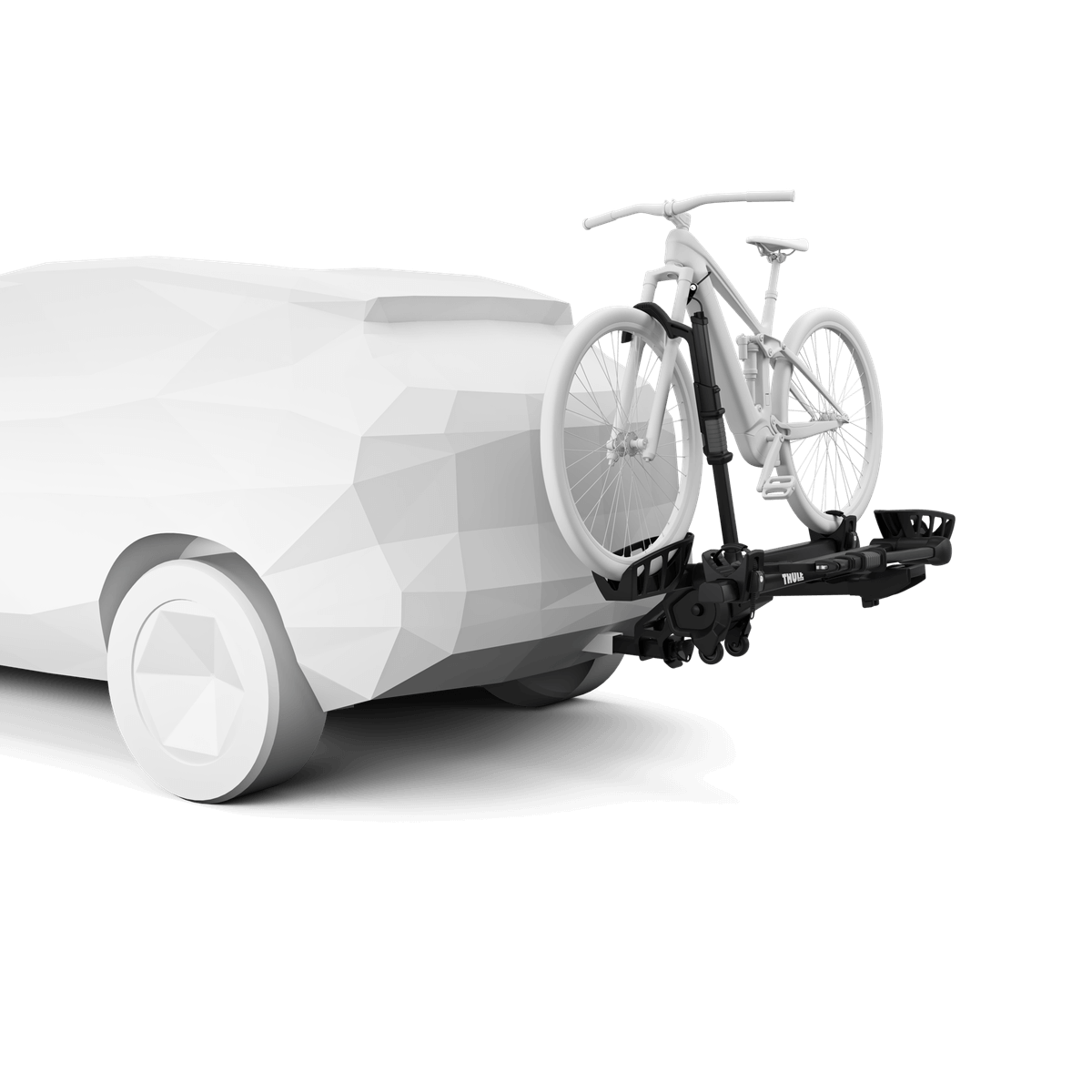 Thule T2 Pro XT Add-On bike rack attached to car, demonstrating 4 bike capacity for platform hitch.