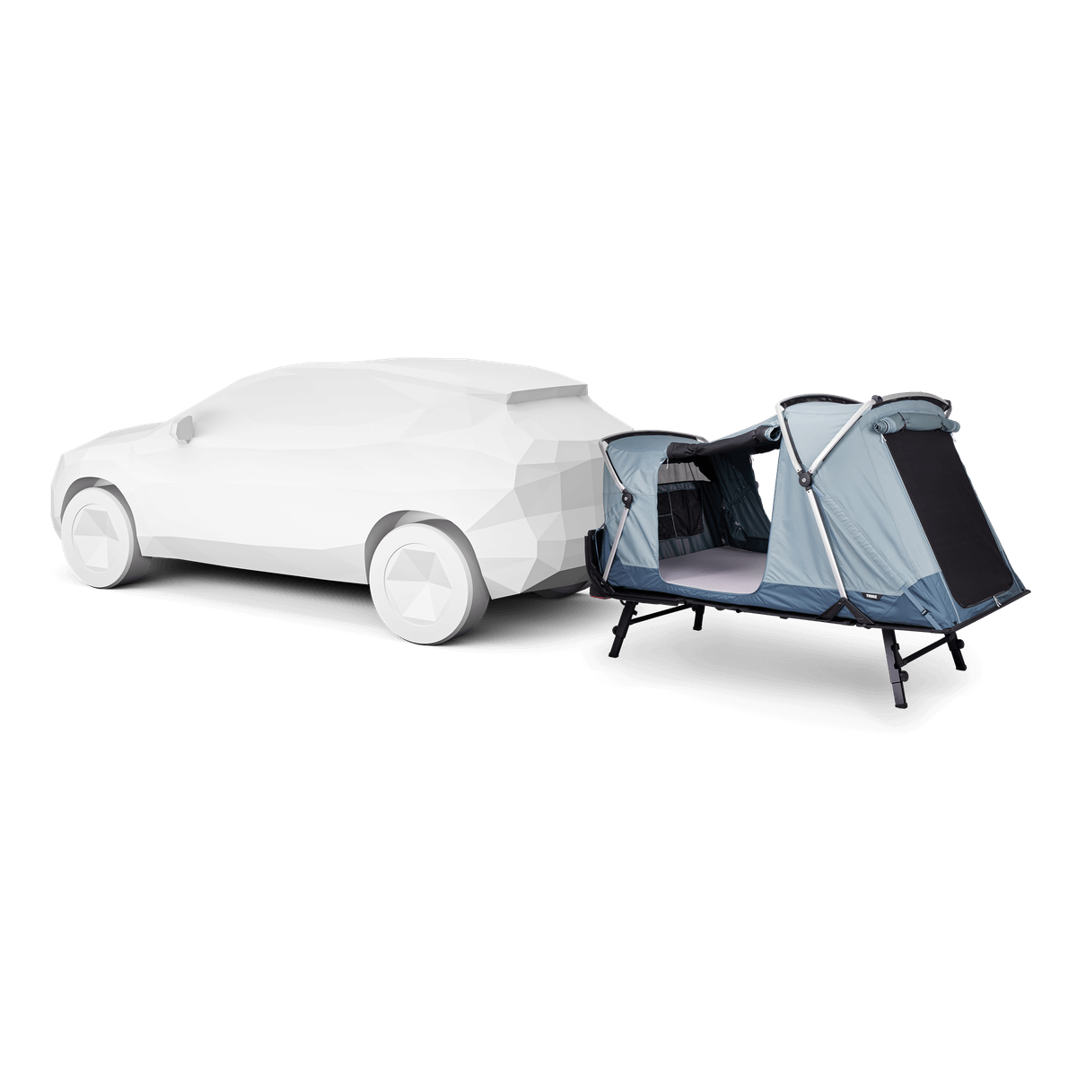 Thule Thule Outset - 3-person towbar-mounted car tent attached to vehicle, showcasing elevated design for comfortable camping.