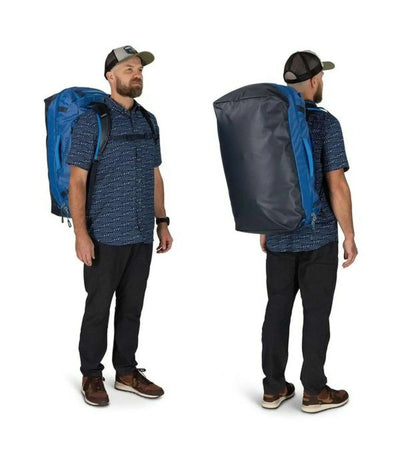 Explorer carrying the Osprey Transporter Squffel 70 on a rocky trail