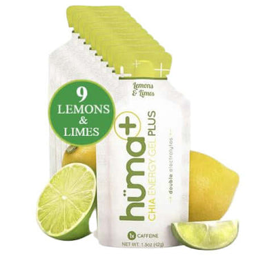 Huma Chia Energy Gel Plus - Lemons and Limes pack showcasing fresh lemons and limes, designed for athletes and endurance sports enthusiasts.