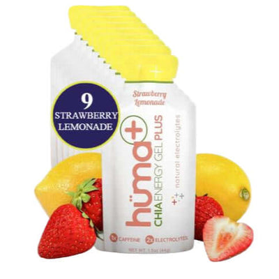 Huma Chia Energy Gel Plus - Strawberry Lemonade pack with fresh strawberries and lemons, 44g energy booster for outdoor adventures.