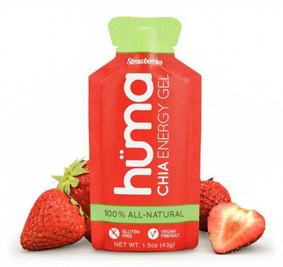Huma Chia Energy Gel - Strawberries, gluten-free, vegan-friendly, 43g pack with strawberries