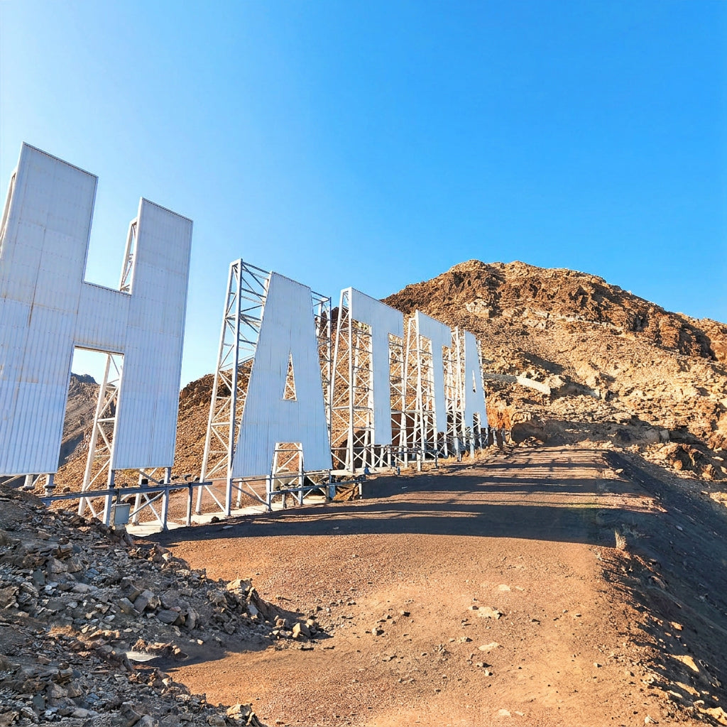 Large white metal letters spelling part of a destination sign mounted on a rocky desert hillside, with a dirt road in the foreground and blue sky above.