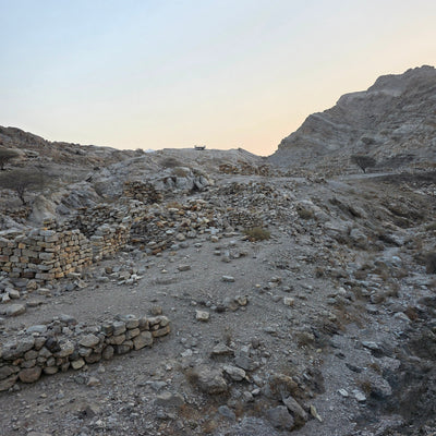 A rocky desert landscape with stone ruins in the foreground, a pale sky, and a sunlit hillside on the right.