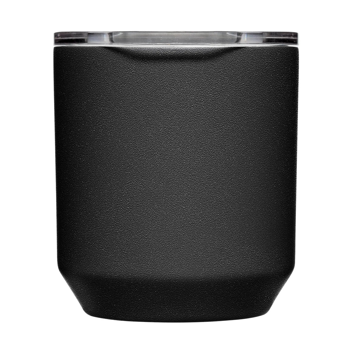 Camelbak Horizon Rocks Tumbler 10oz black insulated cup with clear lid, ideal for outdoor use.
