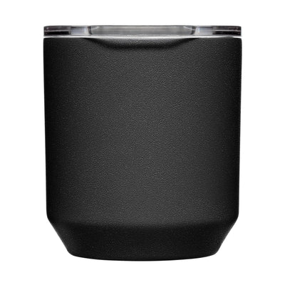Camelbak Horizon Rocks Tumbler 10oz black insulated cup with clear lid, ideal for outdoor use.