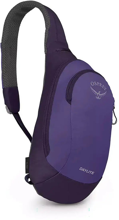 Osprey Daylite Sling in purple with ambidextrous carry, breathable spacermesh, cell phone sleeve, dual zippers, and daisy chain details.