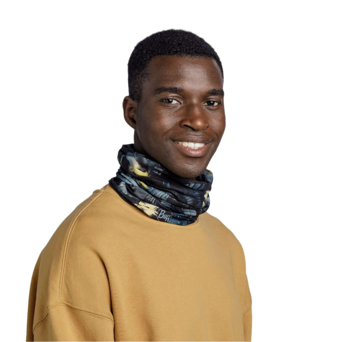 Man wearing Buff CoolNet UV Neckwear - Multi Okisa for sun protection