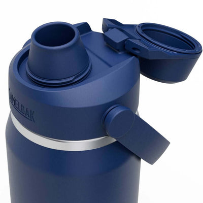 Close-up of Camelbak Thrive Chug Insulated Bottle 25 oz in blue, showing the open cap and spout.