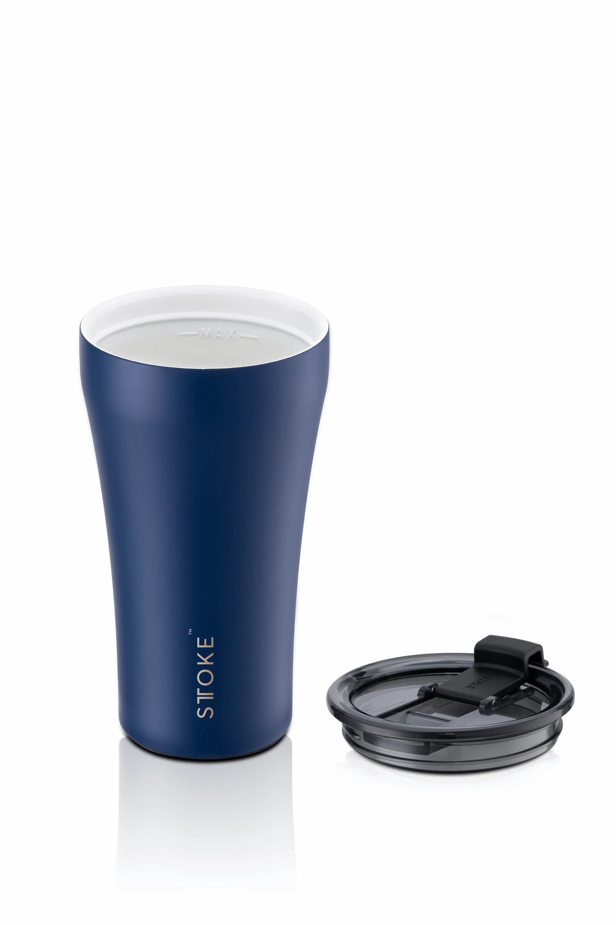Sttoke Classic Series Ceramic Leak Proof Cup 12 oz in navy blue with removable lid