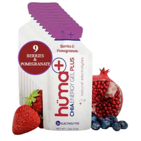 Huma Chia Energy Gel Plus - Berries & Pomegranate, all-natural endurance fuel with chia seeds, 41g pack with fruit illustrations.