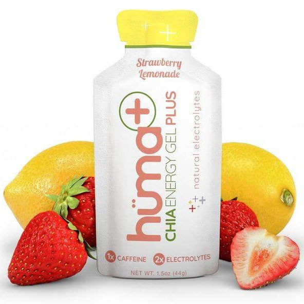 Huma Chia Energy Gel Plus - Strawberry Lemonade, energy gel pack with strawberries and lemons, 44g, outdoor adventure fuel, caffeine & electrolytes