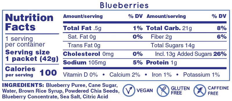 Nutrition facts for Huma Chia Energy Gel - Blueberries, 43g packet, including ingredients and dietary icons.