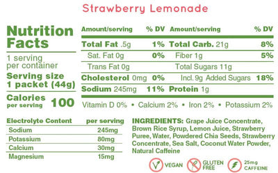 Huma Chia Energy Gel Plus - Strawberry Lemonade nutrition facts label, 44g, highlighting calories, carbohydrates, and ingredients.