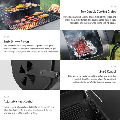 Royal Gourmet 30 Inch Barrel Charcoal Grill Offset Smoker Outdoor BBQ