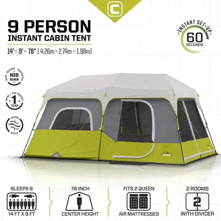 Core Equipment 9 Person Instant Cabin Tent - 14ft x 9ft