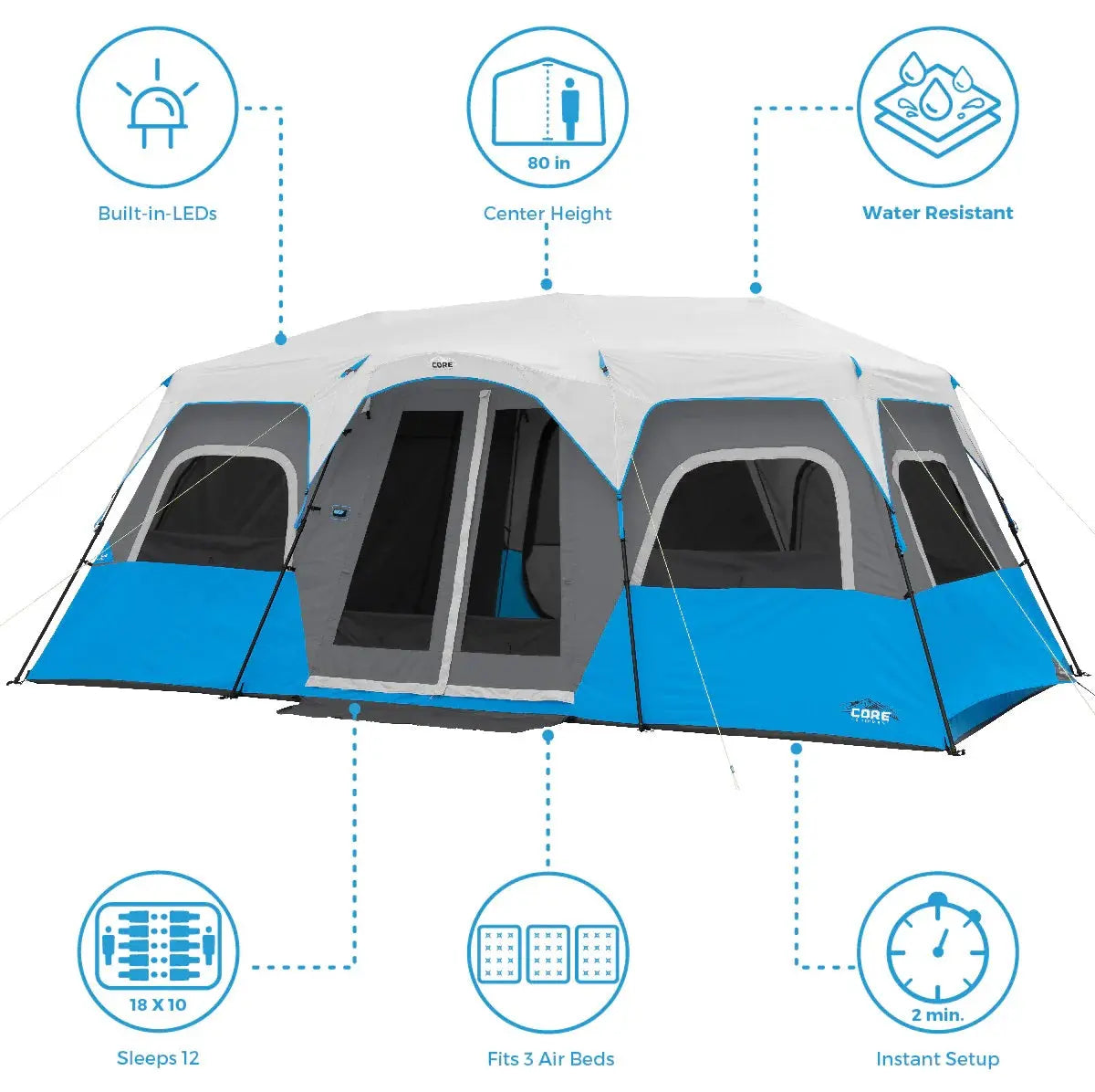 Core Equipment 12 Person Lighted Instant Cabin Tent 18’ x 10’