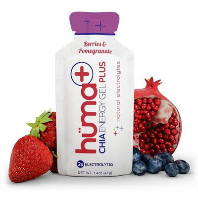 Huma Chia Energy Gel Plus - Berries & Pomegranate pouch with fresh berries and pomegranate on a white background, 41g size.