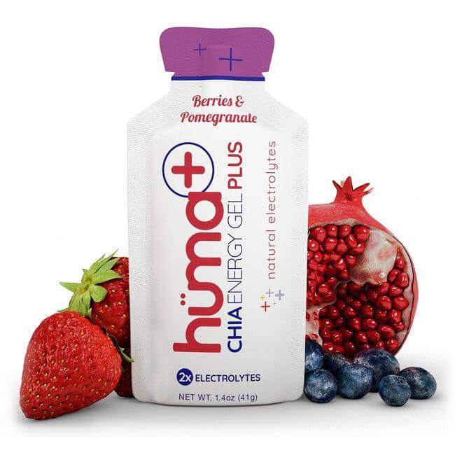 Huma Chia Energy Gel Plus - Berries & Pomegranate pouch with fresh berries and pomegranate on a white background, 41g size.