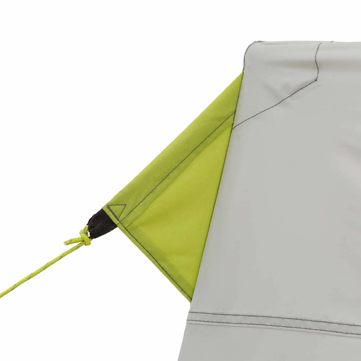 Close-up of Core Equipment 4 Person Instant Cabin Performance Tent corner and rainfly attachment.