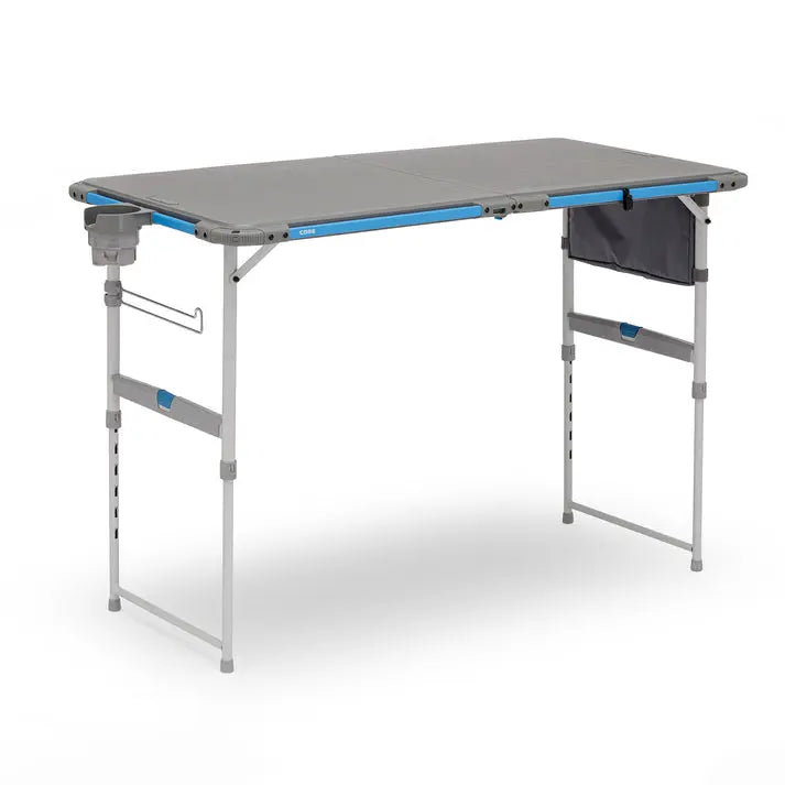 Core Equipment 4 Foot Outdoor Table with FlexRail — close-up of steel FlexRail with cup holders and removable clips.