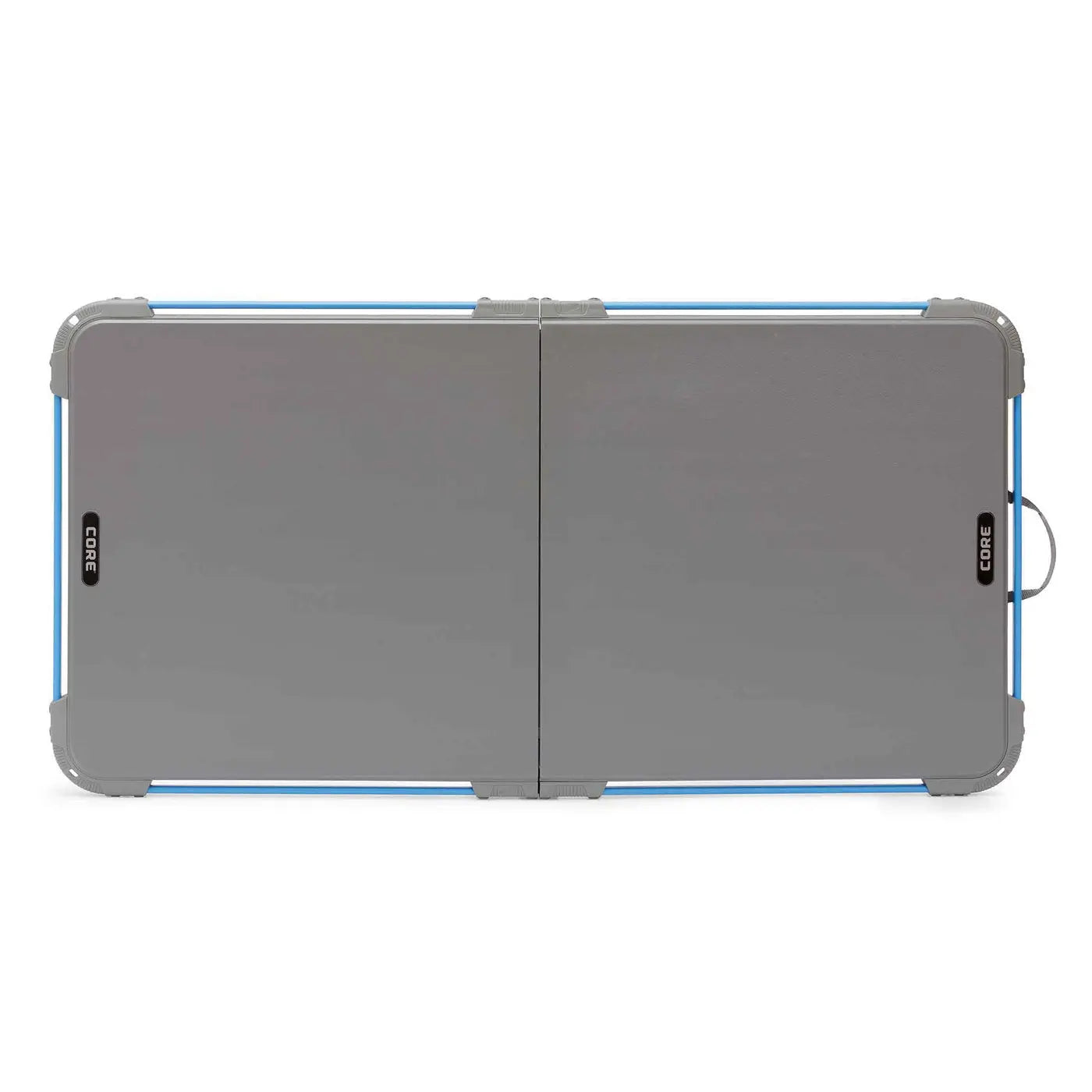 Core Equipment 4 Foot Outdoor Table with FlexRail — folded size comparison around 25 x 26 inches for transport.