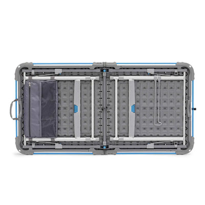 Core Equipment 4 Foot Outdoor Table with FlexRail — folded size comparison around 25 x 26 inches for transport.